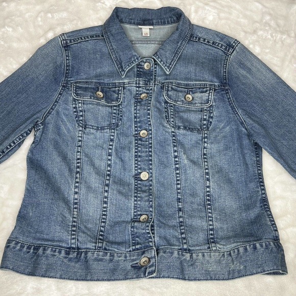 Merona Women's Blue Long Sleeve Button Up Stretch Denim Jean Jacket Size L - Picture 2 of 10